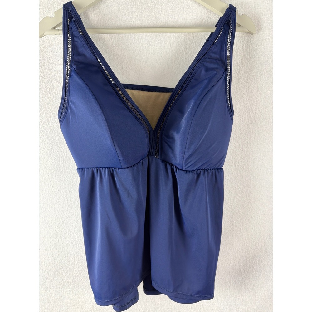 Cacique Swim Navy Blue Tankini Top Crochet Trim Wire Free Size 16 1084062